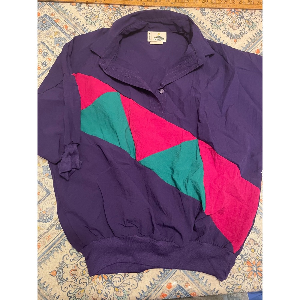 Vintage Cortiva Purple Colorblock Windbreaker Pullover Top Womens Medium 80s 90s